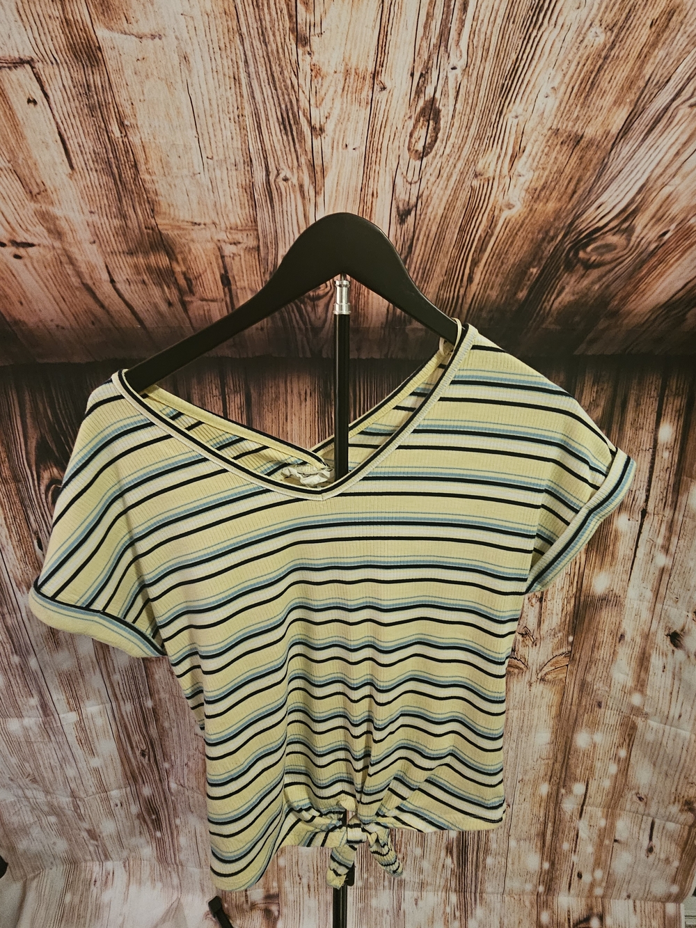 Hippie Rose Yellow, Navy & Cream Striped Tie-Front Crop